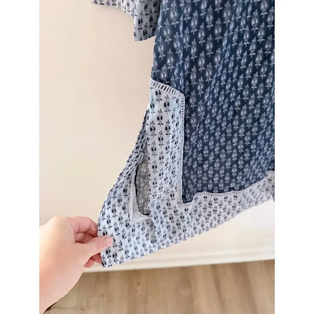 Tory Burch Blue White Floral Boria Tunic 3/4 Sleeve Top-Size Medium